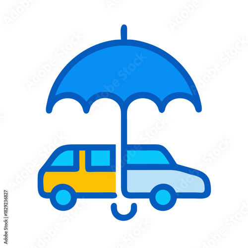 Automobile insurance metaphor illustration protecting cars with a blue umbrella
