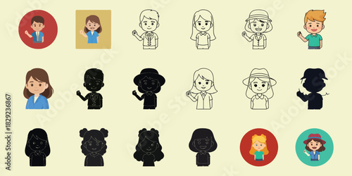 Collection of cartoon children and adults in various poses and styles vactor character