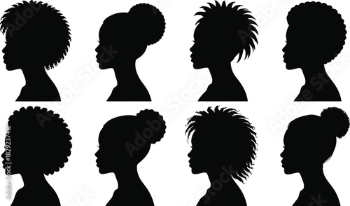 A striking compilation of eight diverse female head silhouettes showcasing various natural hairstyles