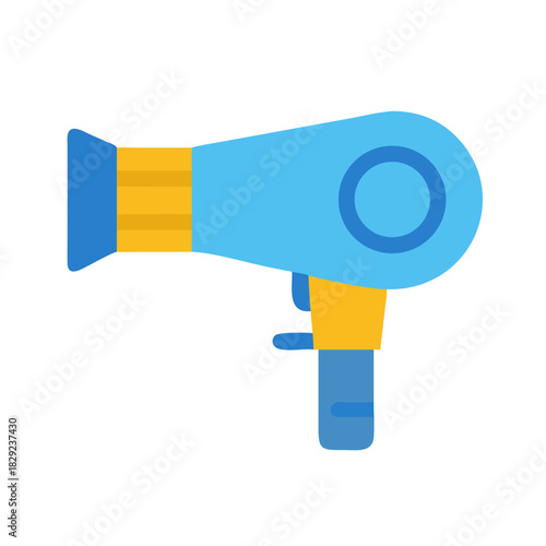 Flat illustration of a blue and yellow hairdryer