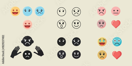 Collection of colorful and vactor black white emoji faces showing various emotions and two red hearts