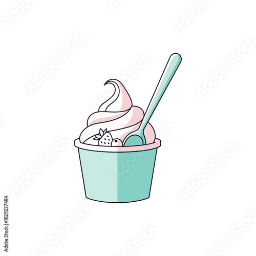 Delicious frozen yogurt with fresh berries sitting in a teal cup with a spoon, showcasing a sweet and refreshing treat on a clean white surface.
