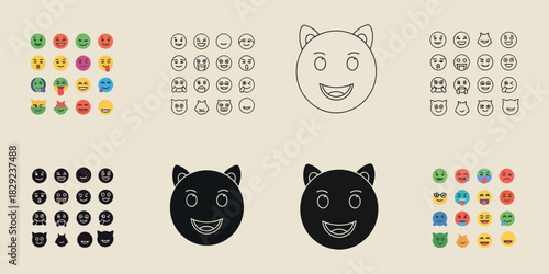 Collection of colorful line art and silhouette emoji faces with cat ears vactor emoticon