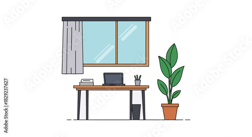 home office setup laptop and plant on desk by window creating a calm and productive workspace for focus and remote work success
