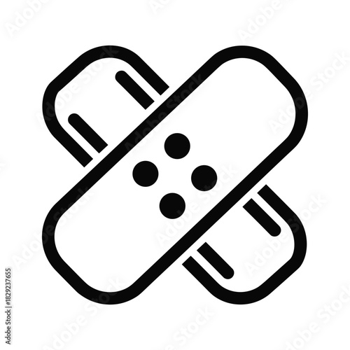 Black and white icon of two crossed adhesive bandages for first aid and wound care