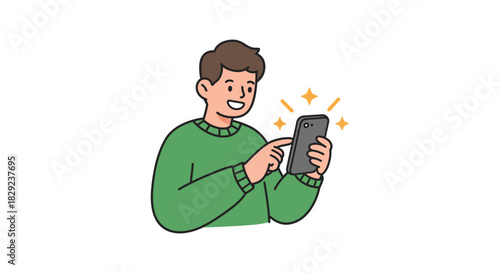 Man using smartphone browsing apps with a smile at home showcasing mobile technology benefits and connectivity ideal for tech blogs