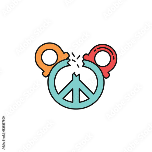 Broken peace symbol with orange and red figures representing conflict, symbolizing the fragility of peace and the need for resolution.