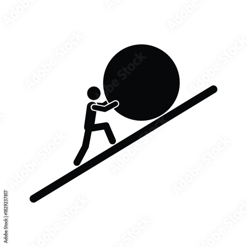 Stick figure pushing large heavy ball up a steep incline isolated on