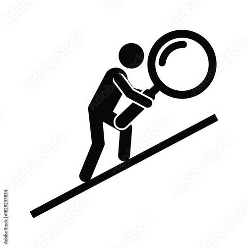 Stick figure with magnifying glass climbing an upward sloping line isolated on