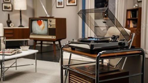 Nostalgic 1960s living room with classic wooden television and a modern record player on a stylish side table, evoking a vintage home entertainment setup.