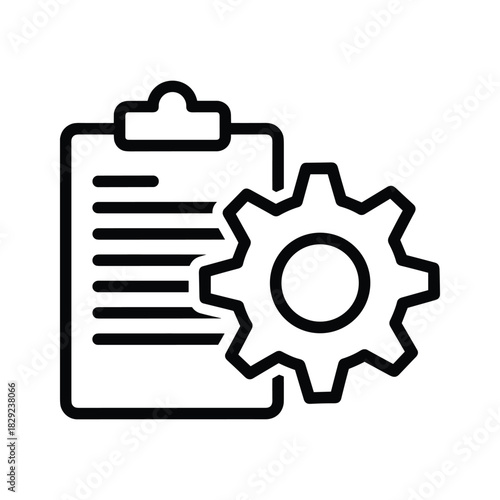 Black and white line icon of a clipboard next to a gear, representing process or setting
