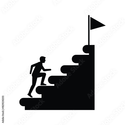 Silhouette of businessman climbing stairs towards flag on isolated on