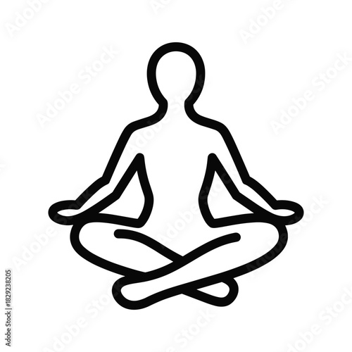Simple black and white line icon of a person meditating in lotus position isolated on