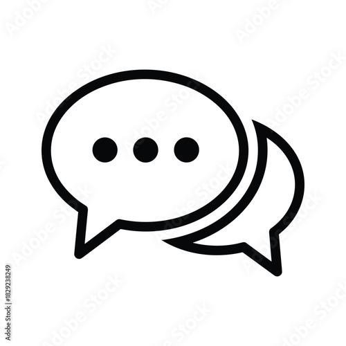 Black and white outline icon of two overlapping speech bubbles with ellipsis dots inside, isolated on