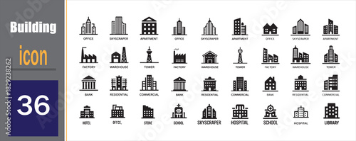 Building icons set. Real estate, city, and architecture vector symbols. illustration eps 10