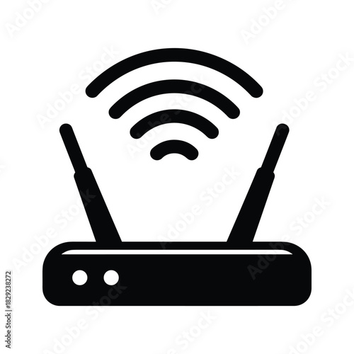 Black and white icon of a wireless wifi router broadcasting signal isolated on