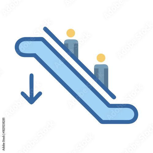 Descending escalator with two people graphic on black background