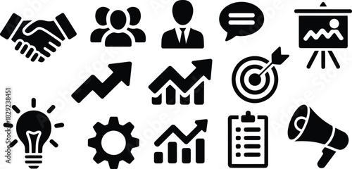 An extensive collection of business management and growth glyph icons on a clean white background