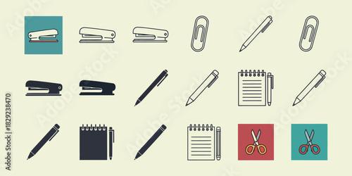 Collection of flat design office supplies staplers pens notebooks paperclips scissors vactor