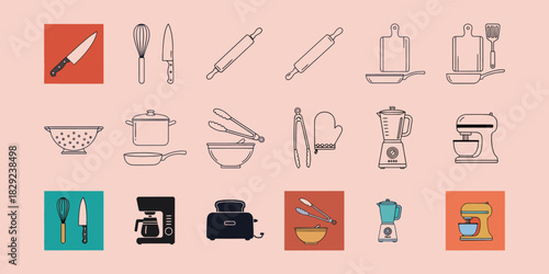 Collection of kitchen utensils and appliances illustrated in a flat design style vactor