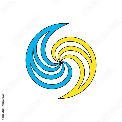 Abstract swirling shape with blue and yellow colors creates a dynamic and eyecatching visual element on a white background, representing energy and movement.