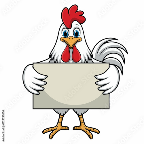 Cartoon chicken holding blank sign vector illustration for farm animal and poultry designs with space 100