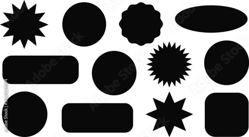 Assorted black solid shapes featuring starbursts, circles, ovals, and rectangles on a clear white background