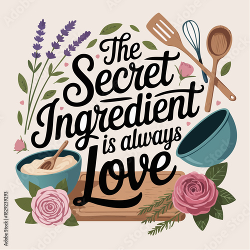 floral baking inspiration with heartfelt quote and cozy kitchen tools in warm pastel harmony