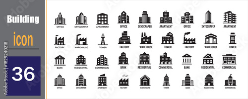 Building icons set. Real estate, city, and architecture vector symbols.