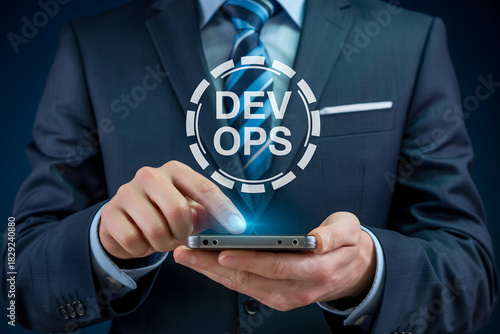 Businessman interacts with devops technology on a smartphone showcasing modern it solutions and digital transformation in a professional corporate setting