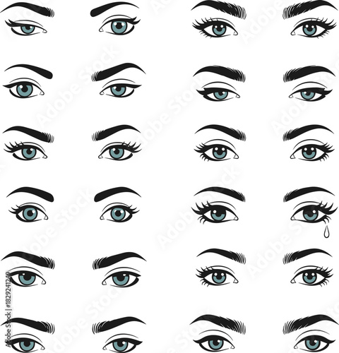 Expressive eye icon vector illustration, eyebrow and eyelash variations, emotional gaze, tear detail, character design reference for artists