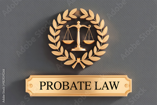 Golden scales of justice emblem with laurel wreath and probate law sign against a textured gray background representing legal services and estate planning concepts