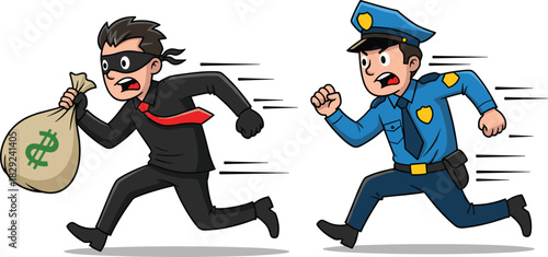 Police chase icon vector illustration, cartoon officer and thief, crime prevention design, justice theme, action scene graphic