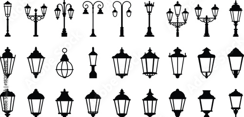 Vintage street lamp icon vector illustration, silhouette style, ornate lantern heads, decorative poles, architectural lighting design, urban planning reference set