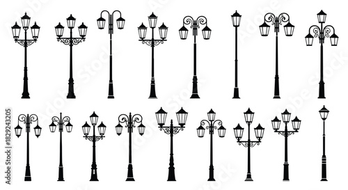 A collection of various street light silhouettes, showcasing different styles of lampposts for urban and decorative designs.