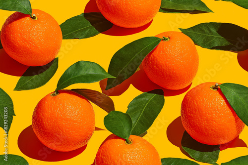 Bright, fresh oranges with green leaves arranged on a vibrant yellow background, creating a bold, colorful pattern with strong shadows and a sunny, energetic feel.