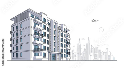 Modern apartment building illustration against a cityscape, with a sunny sky and an airplane, showcasing urban living and real estate concepts.