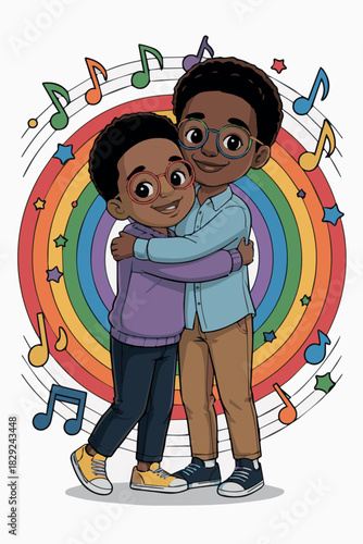 Illustration of african american brothers hugging with rainbow and music notes for family love design art