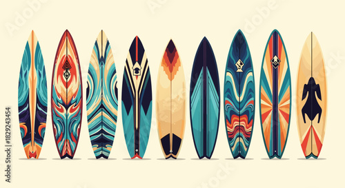A diverse collection of ten vibrantly designed surfboards, each featuring unique patterns and a retro-inspired color palette, standing upright.