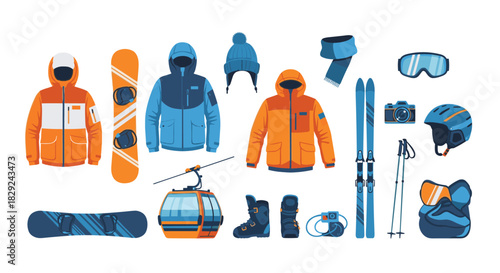 Collection of winter sports equipment and clothing for skiing and snowboarding.