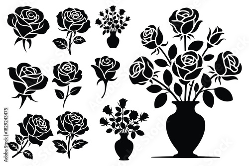 Black silhouette roses and vases on white background