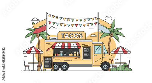 Colorful illustration of a taco food truck with palm trees and outdoor seating for customers, ideal for culinary themes and mobile restaurants.