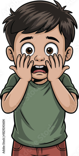 Cartoon illustration of a young boy looking very shocked and scared with wide eyes