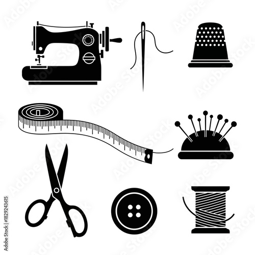 Crafting creativity with essential sewing tools including a vintage sewing machine, needle, thread, thimble, scissors, measuring tape, pins, and buttons for design projects