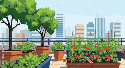 A vibrant urban rooftop garden thrives with potted trees, lush greens, and ripe red tomatoes, set against a clear sky and city skyline.