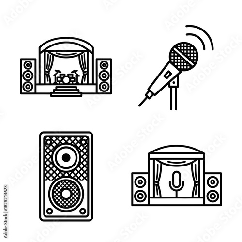 Dynamic music performance icons featuring stage setups microphones and speakers perfect for concert event or audio branding concepts
