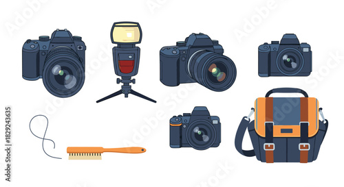 Collection of digital cameras, flash, lens brush, and camera bag on a white background.