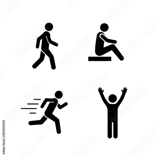 Dynamic human icons showcase walking, sitting, running, and celebrating actions for modern design and informational graphics