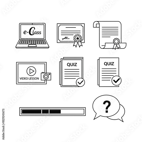 Master online learning with dynamic icons for e-class, quizzes, video lessons, and progress tracking essential for education and business success
