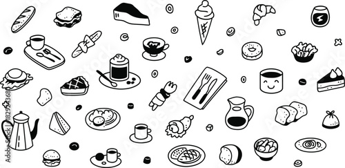 Cute doodle breakfast elements set. Coffee, beverage, desert, pancakes line icons. Brunch, lunch cafe, restaurant, brasserie and patisserie menu black and white